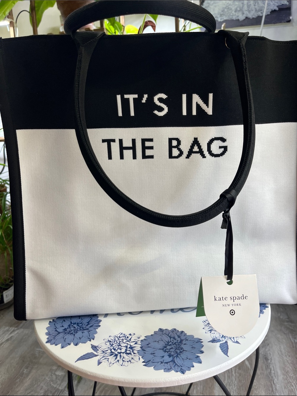 kate spade Black & White Canvas Tote with 'IT'S IN THE BAG'